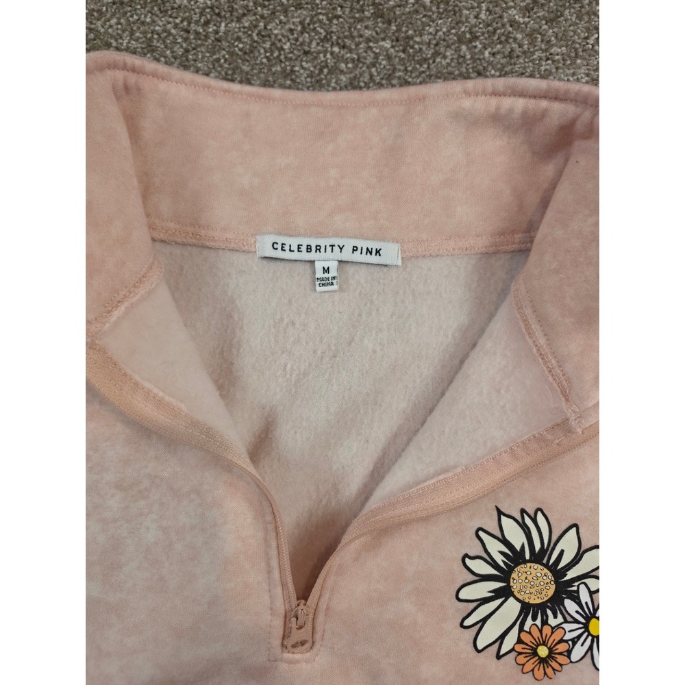 Celebrity Pink Womens Pink Daisy Embroidered Quarter Zip Cropped Fleece Pullover - Picture 6 of 14